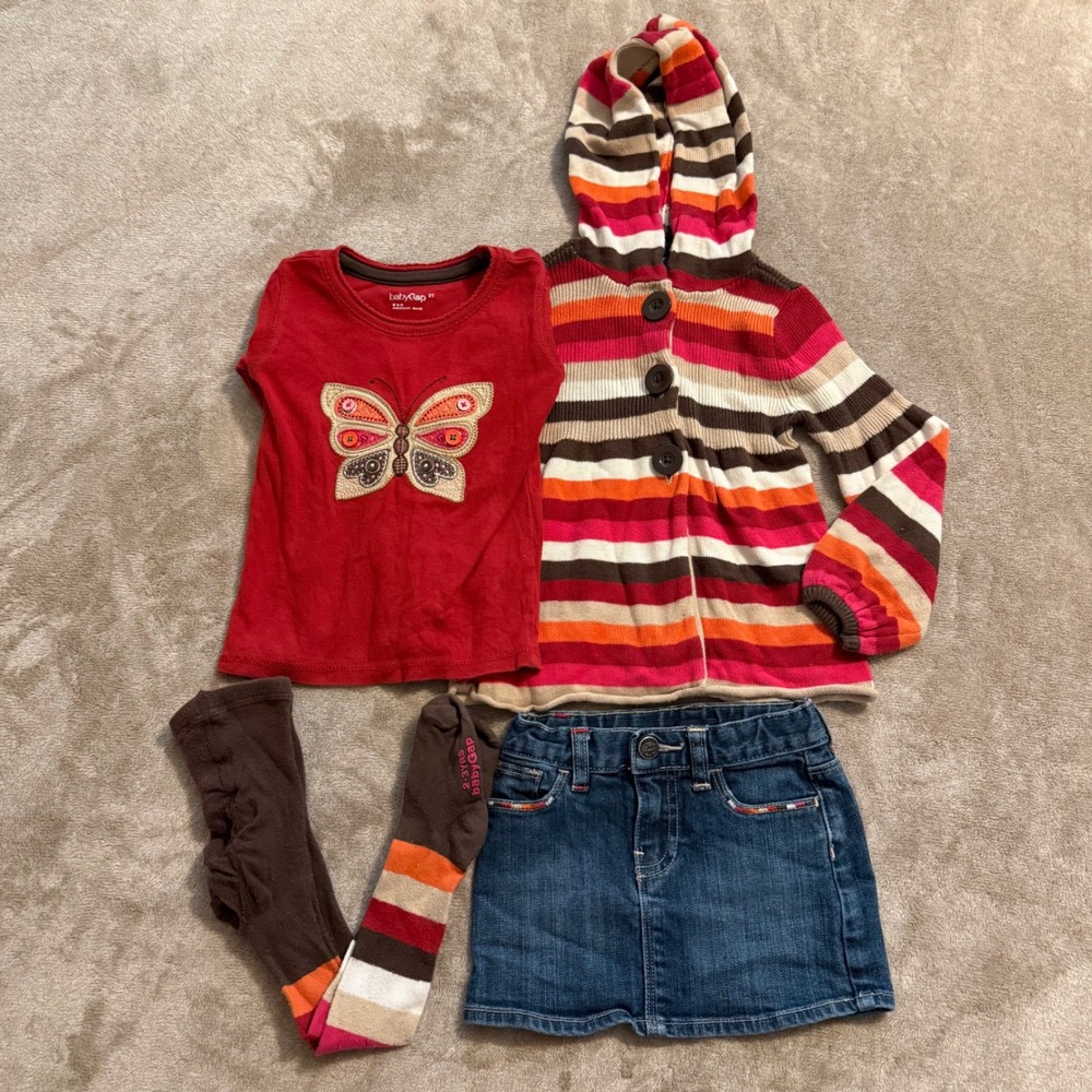 Baby Gap Girls 4pc Outfit Set 3T Butterfly Cardigan Denim Skirt Tights Red